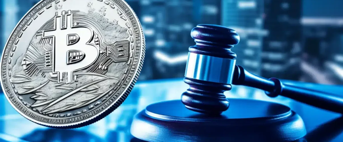 Crypto news the judges gavel and silver coin on the table modern city background blue and white neon colors v51 1200x500