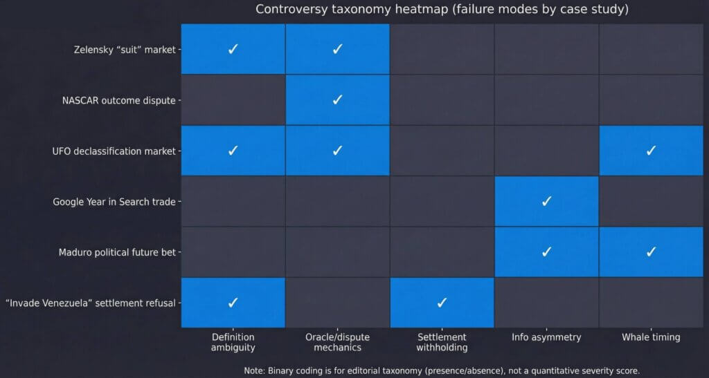 Six major prediction market controversies in 2025 exhibited recurring failure modes including definition ambiguity, oracle disputes, settlement refusals, and information asymmetry.