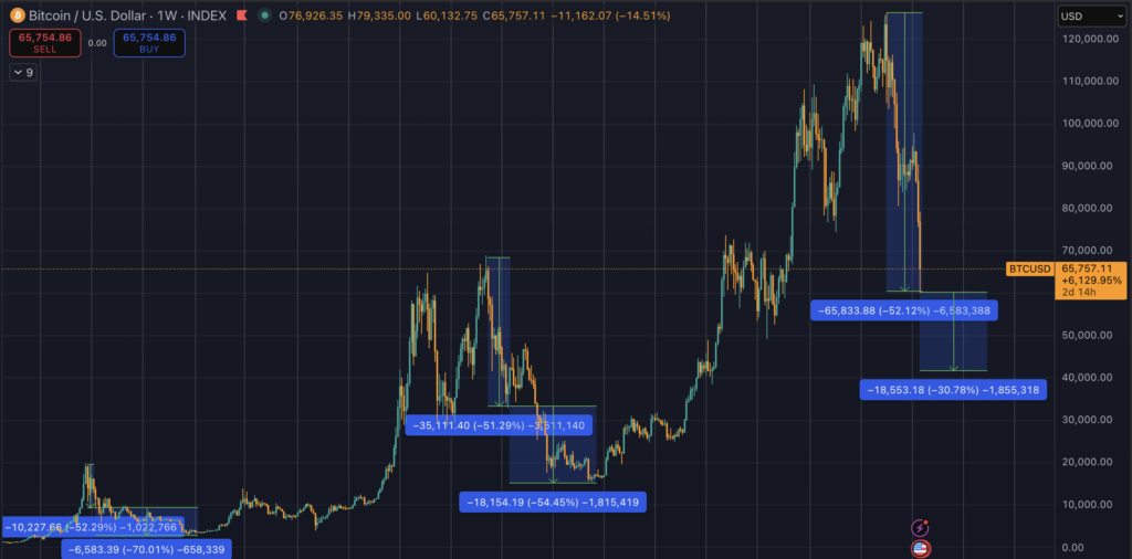 Historical Bitcoin cycles highlight a recurring first-leg drawdown of roughly 50%.