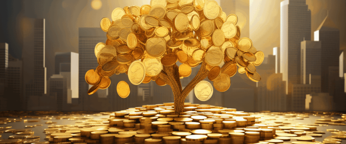 Crypto news a tree grows out of gold coins modern city background low poly style v52 1200x500
