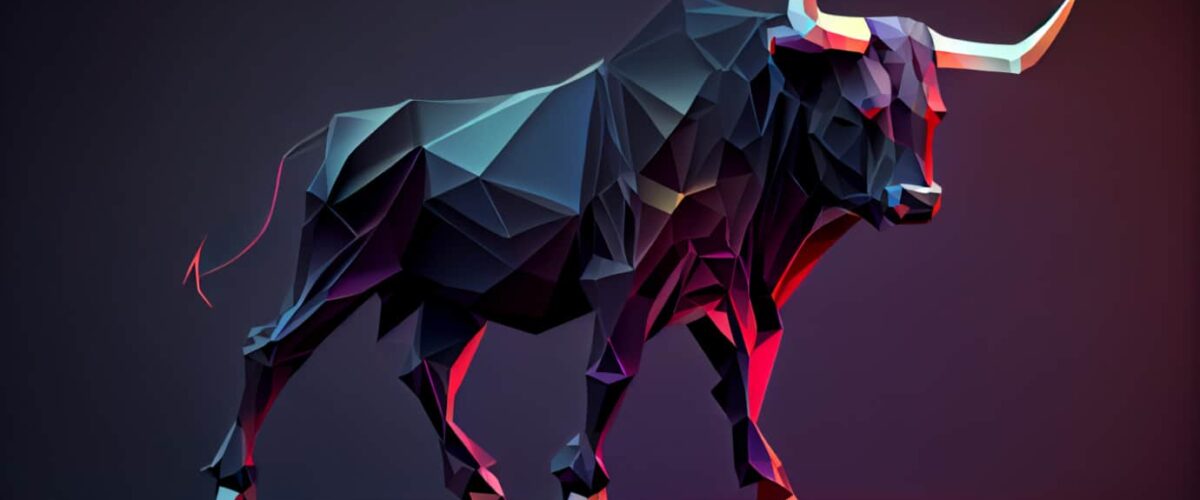Crypto news black bull with horns red eyes full body portrait cartoon character aurora and stardust background low poly style 1200x500