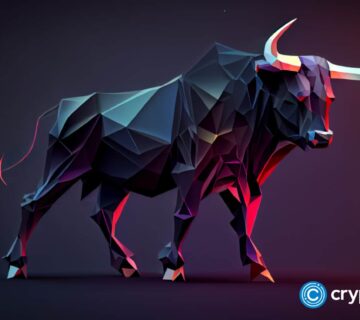 Crypto news black bull with horns red eyes full body portrait cartoon character aurora and stardust background low poly style 360x320