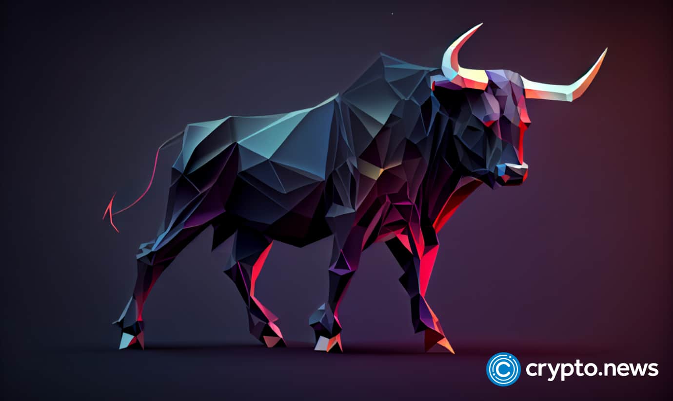 Crypto news black bull with horns red eyes full body portrait cartoon character aurora and stardust background low poly style