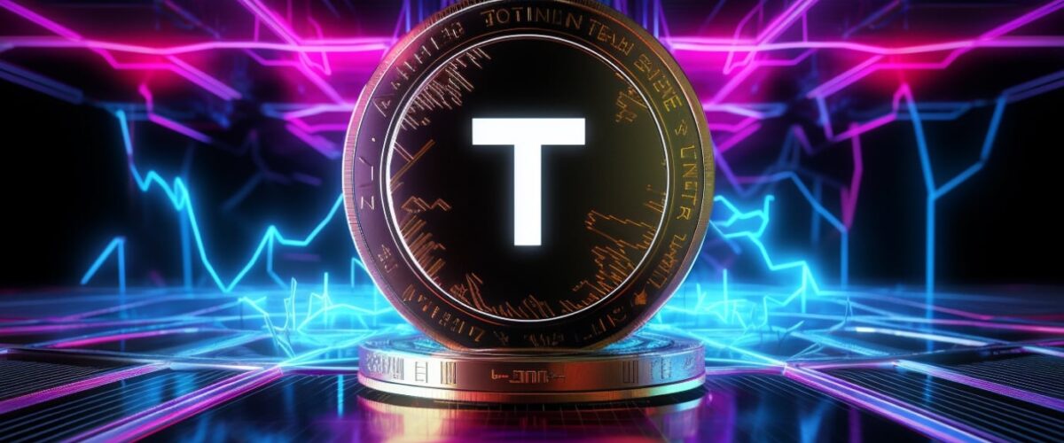 Crypto news coin with T logo blurry internet and blockchain and trading chart background bright neon ligh v52 1200x500