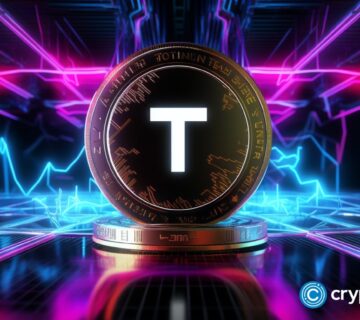 Crypto news coin with T logo blurry internet and blockchain and trading chart background bright neon ligh v52 360x320