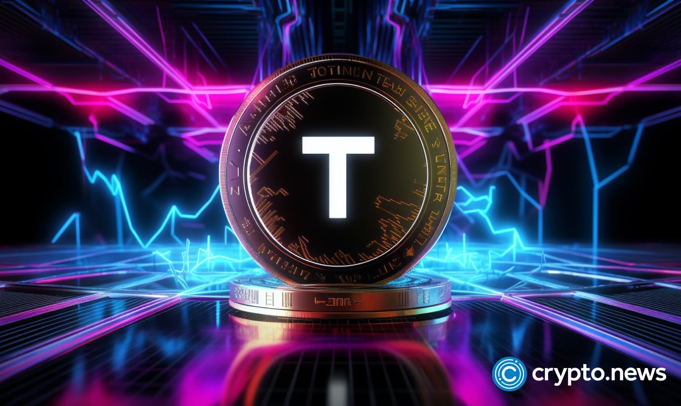 Crypto news coin with T logo blurry internet and blockchain and trading chart background bright neon ligh v52