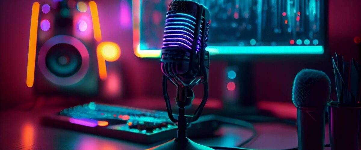 Crypto news microphone on the table near the computer decentralized generation of the Internet background brigh neon lights cyberpunk styl 1200x500