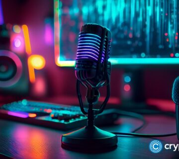 Crypto news microphone on the table near the computer decentralized generation of the Internet background brigh neon lights cyberpunk styl 360x320