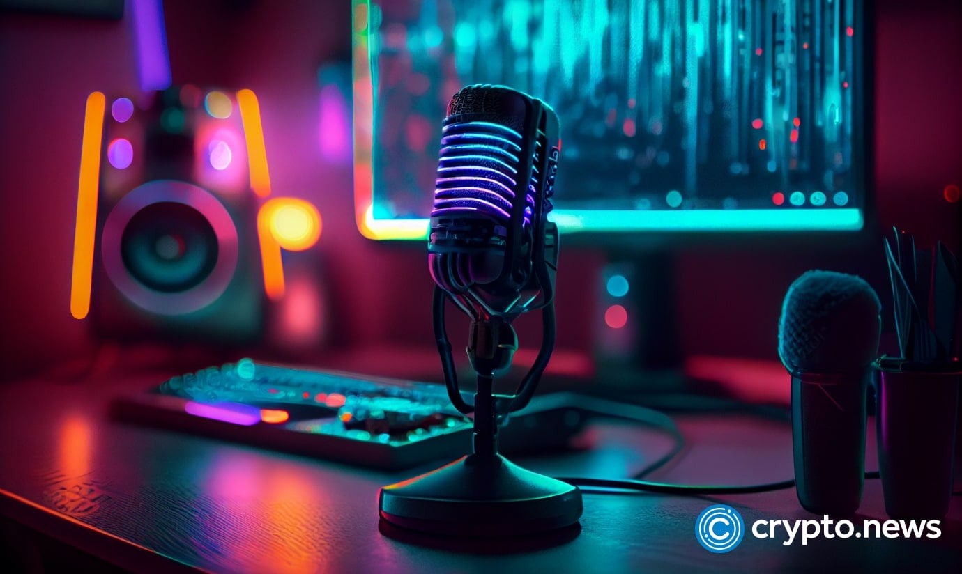 Crypto news microphone on the table near the computer decentralized generation of the Internet background brigh neon lights cyberpunk styl