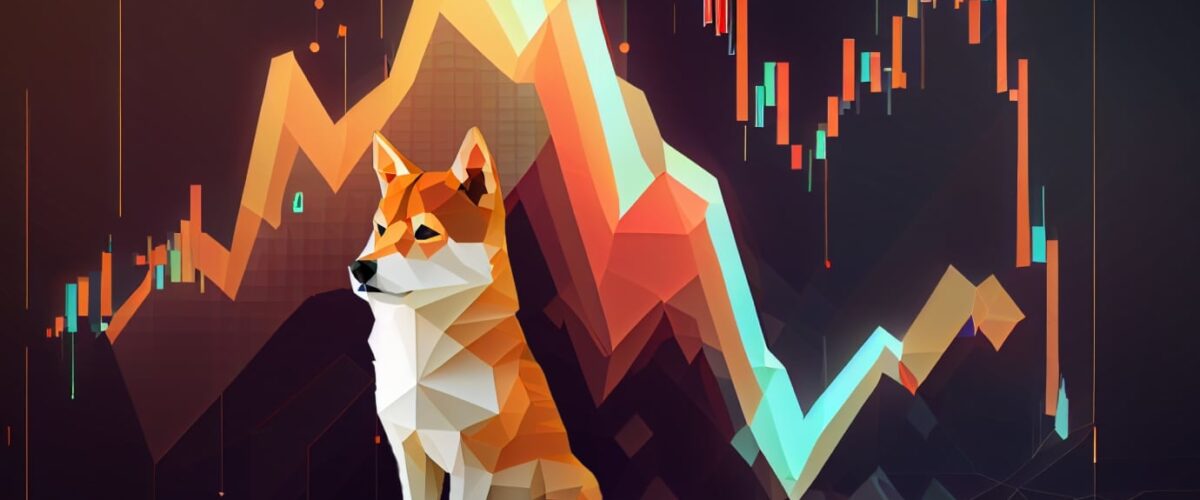 Crypto news sad shiba inu front view portrait cartoon character space background low poly style 1200x500