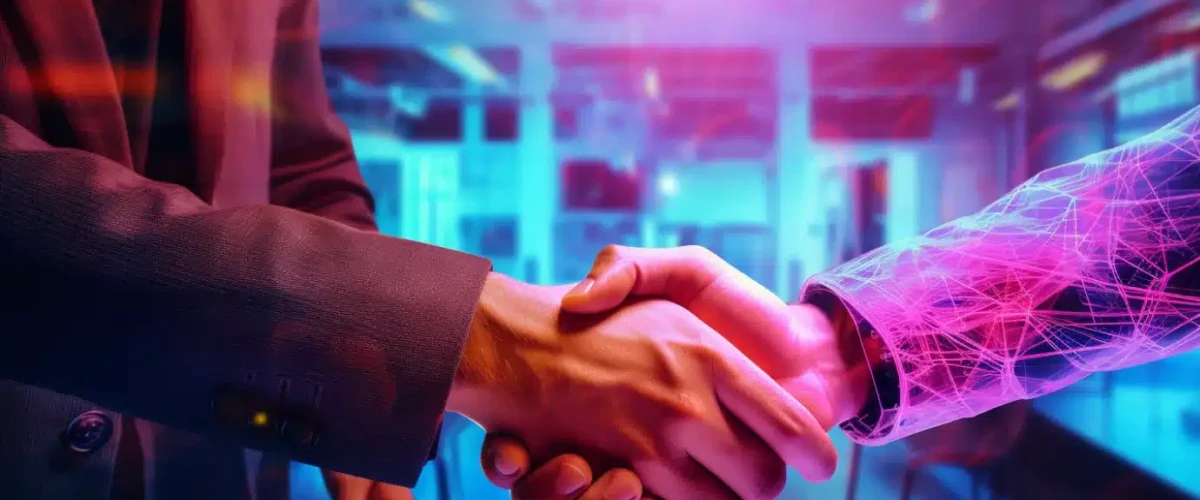 Crypto news two people shaking hands deal office background neon colors03 1200x500