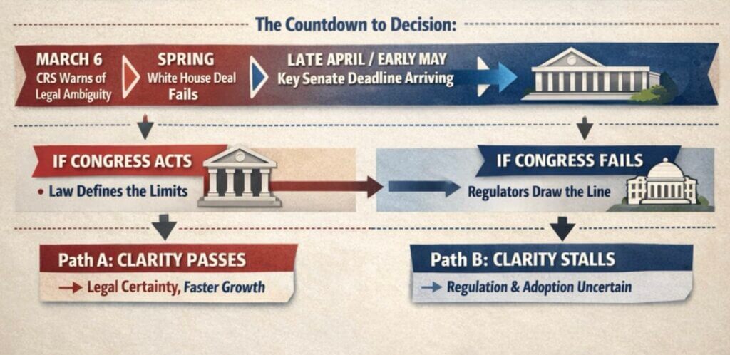 Flowchart showing the countdown to a Senate stablecoin decision, with March 6 and late April or early May deadlines leading to two paths: regulatory clarity and faster growth if Congress acts, or uncertainty if it fails.