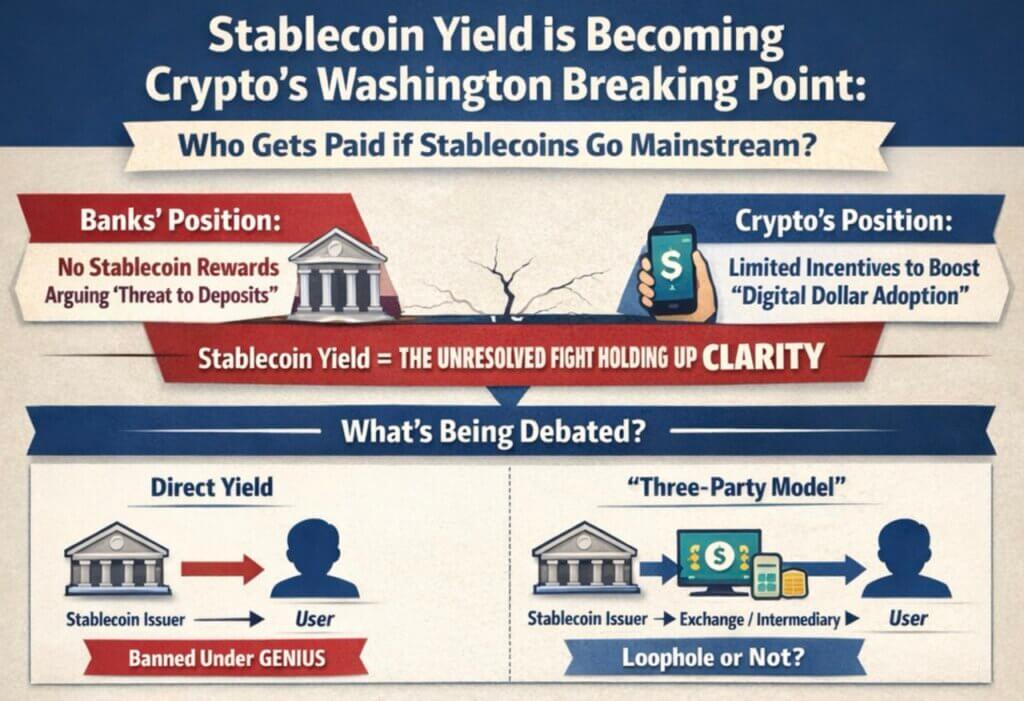 Infographic showing banks and crypto firms split over who should receive stablecoin yield as digital dollar adoption expands.