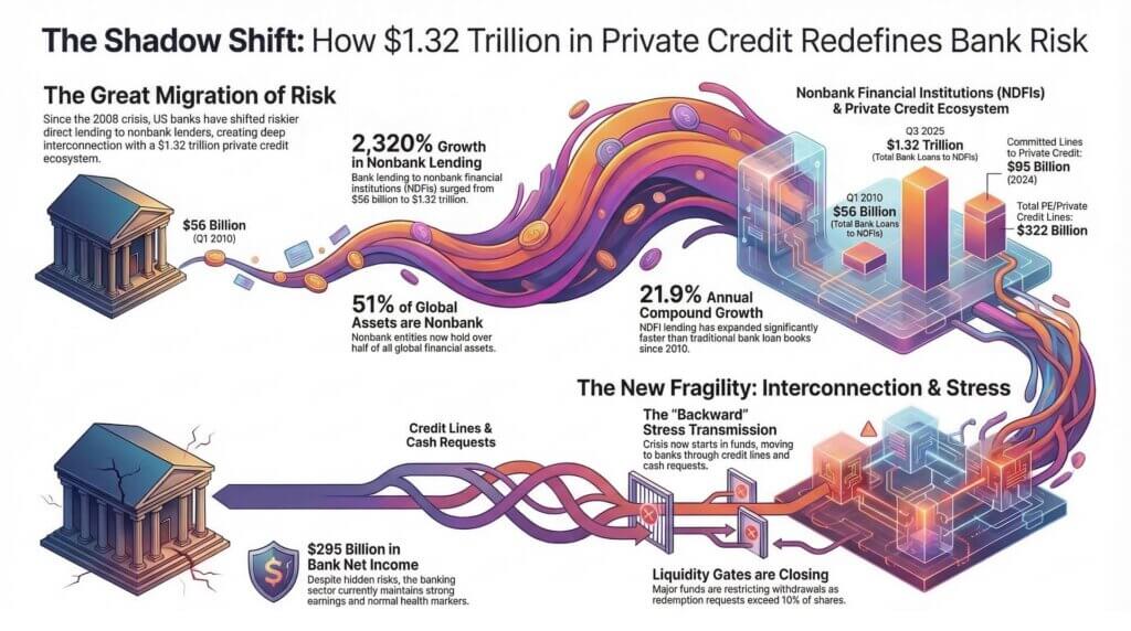 Infographic showing how $1.32 trillion in private credit has shifted bank risk into shadow lenders and created new systemic stress points.
