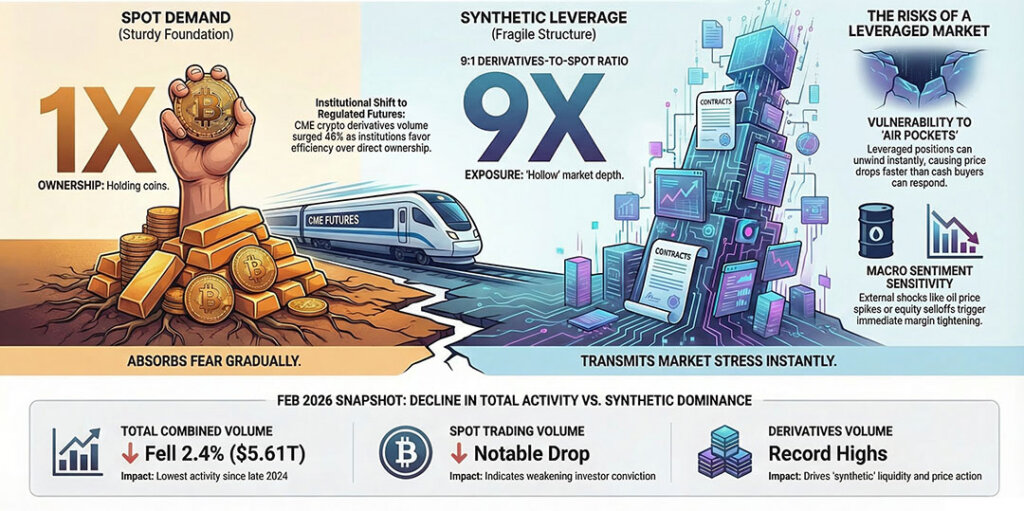 Infographic showing Bitcoin spot demand at 1x versus synthetic leverage at 9x, highlighting falling spot volume, record derivatives activity, and rising market fragility.