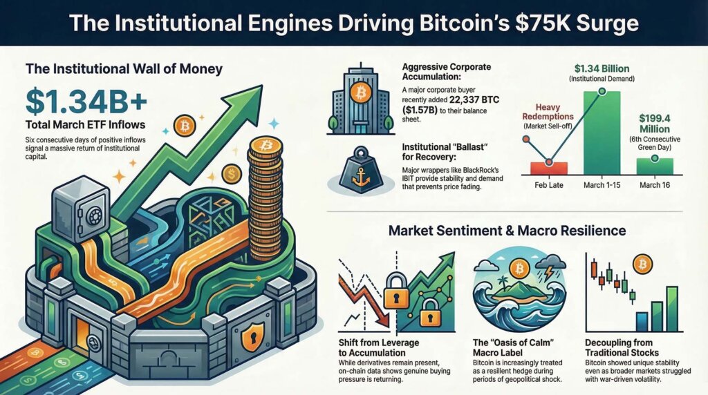 Infographic titled 'The Institutional Engines Driving Bitcoin’s $75K Surge' showing key factors behind Bitcoin's price increase. On the left, a graphic of a vault with arrows and stacks of coins represents $1.34 billion total March ETF inflows, highlighting six consecutive days of positive inflows signaling institutional capital return. To the right, icons illustrate aggressive corporate accumulation with a major buyer adding 22,337 BTC ($1.57B), and institutional support from BlackRock’s IBIT providing price stability. A bar chart shows market sell-off in late February, followed by strong inflows from March 1-15 and continued gains on March 16. Below, three sections explain market sentiment and macro resilience: shift from leverage to accumulation, Bitcoin as an 'Oasis of Calm' during geopolitical shocks, and Bitcoin’s decoupling from traditional stocks showing unique stability amid volatility.