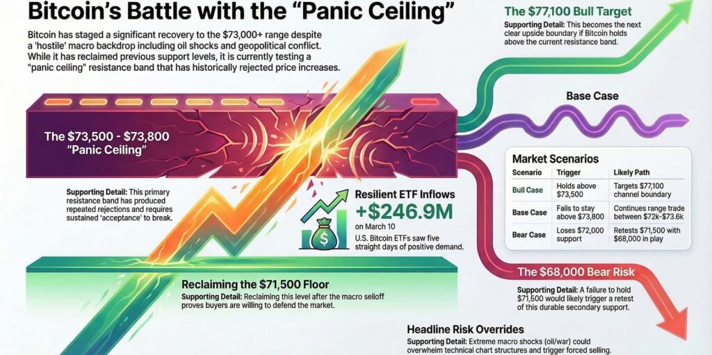 Infographic showing Bitcoin price testing a “panic ceiling” resistance near $73,500 to $73,800, with scenarios for a breakout toward $77,100 or a rejection toward $68,000.