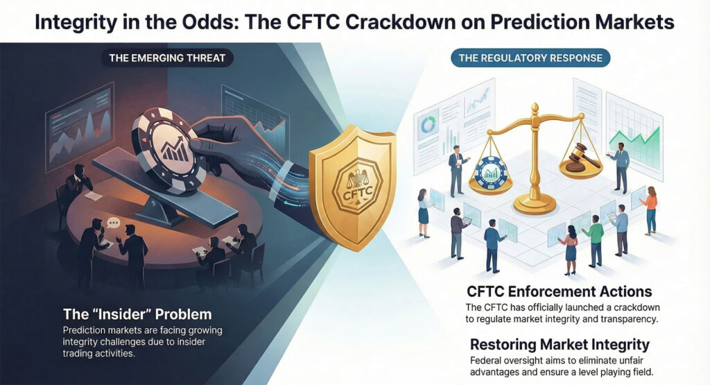 The CFTC is cracking down on insider trading in prediction markets, with a shield separating market manipulation risks from regulatory enforcement actions.