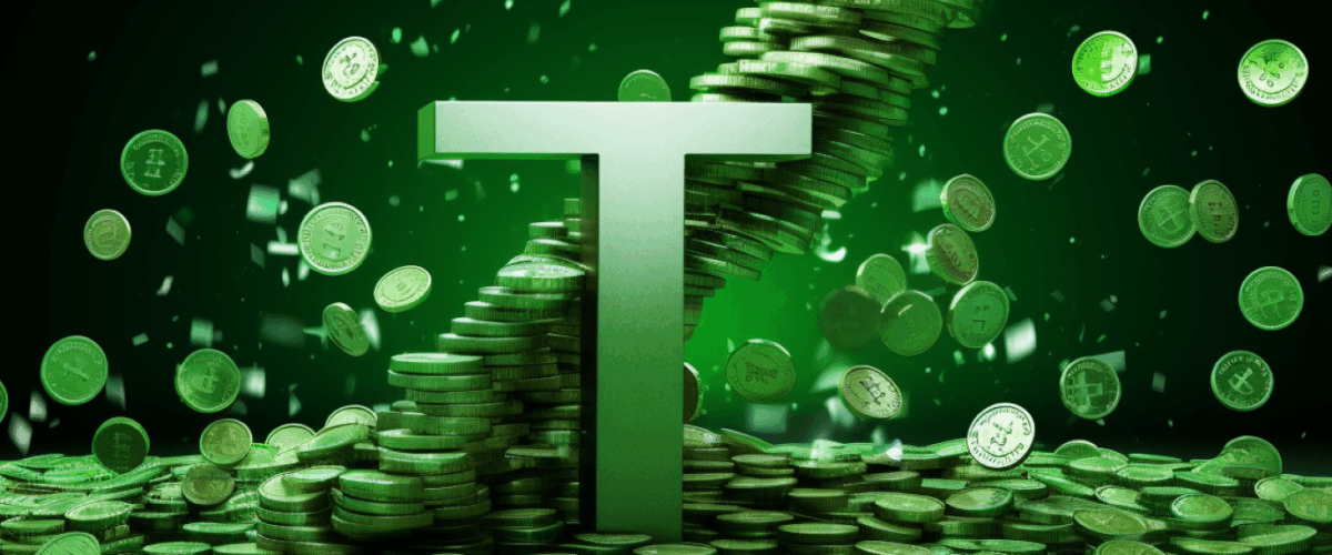 Crypto news T letter green coins and trading chart background white and green color v52 1200x500