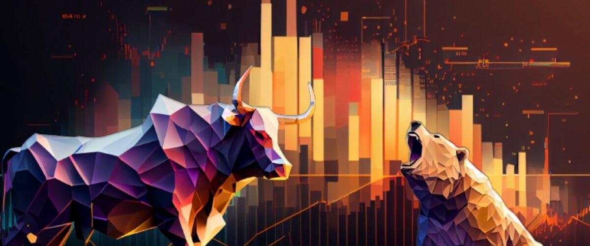 Crypto news brown bear and black bull face to face full body portrait cartoon character low poly 1200x500