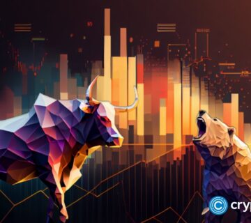 Crypto news brown bear and black bull face to face full body portrait cartoon character low poly 360x320