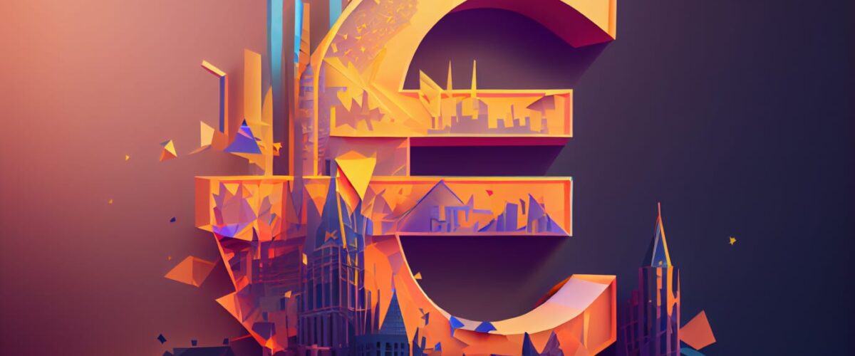 Crypto news euro currency sign side view city background bright light low poly style 1200x500