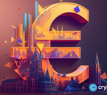 Crypto news euro currency sign side view city background bright light low poly style 360x320