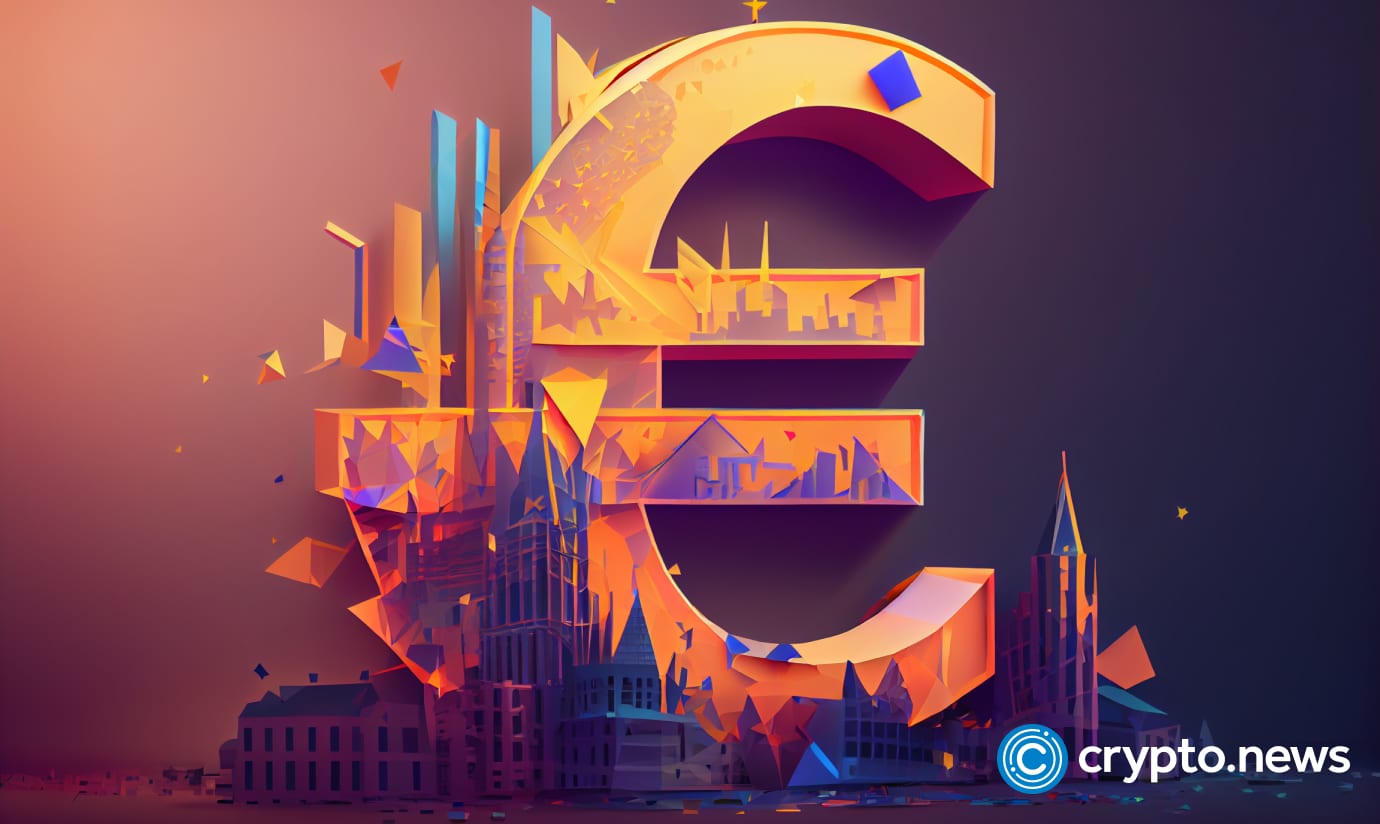 Crypto news euro currency sign side view city background bright light low poly style
