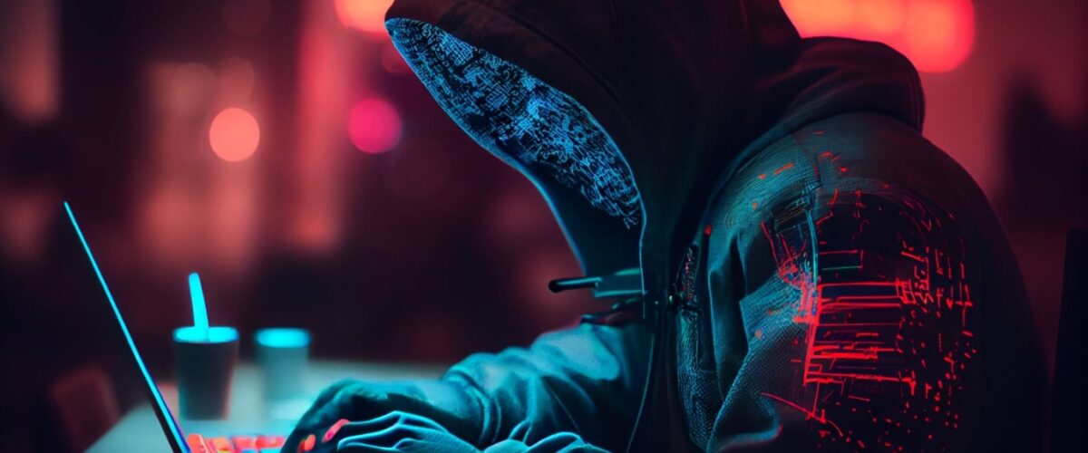 Crypto news hacker writing a code on his laptop blurry background dark neon color cyberpunk 1200x500