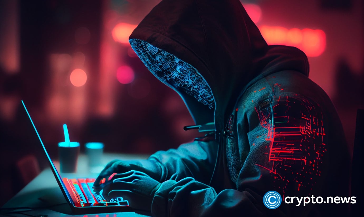 Crypto news hacker writing a code on his laptop blurry background dark neon color cyberpunk