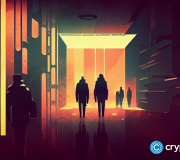 Crypto news layoffs blurry background dark tones sixties retro futuristic illustration 360x320