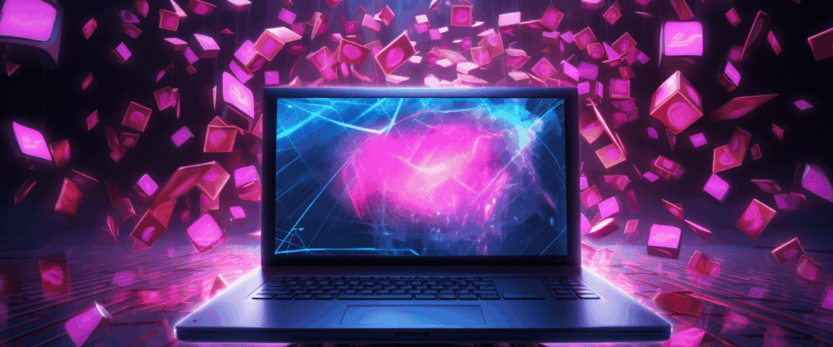 Crytpo news spam computer attack Epic NFT on the background neon colors hologram style v52 1200x500