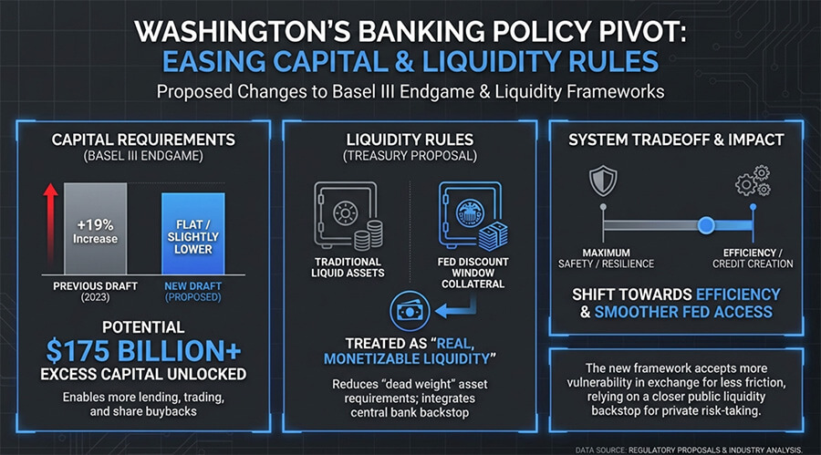 Washington’s proposed banking policy pivot to ease capital and liquidity rules, potentially unlocking $175B in excess bank capital.