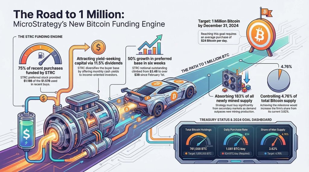 Infographic titled “The Road to 1 Million” showing MicroStrategy’s Bitcoin funding engine, including capital inflows, STRC strategy, and projected path toward accumulating 1 million BTC.