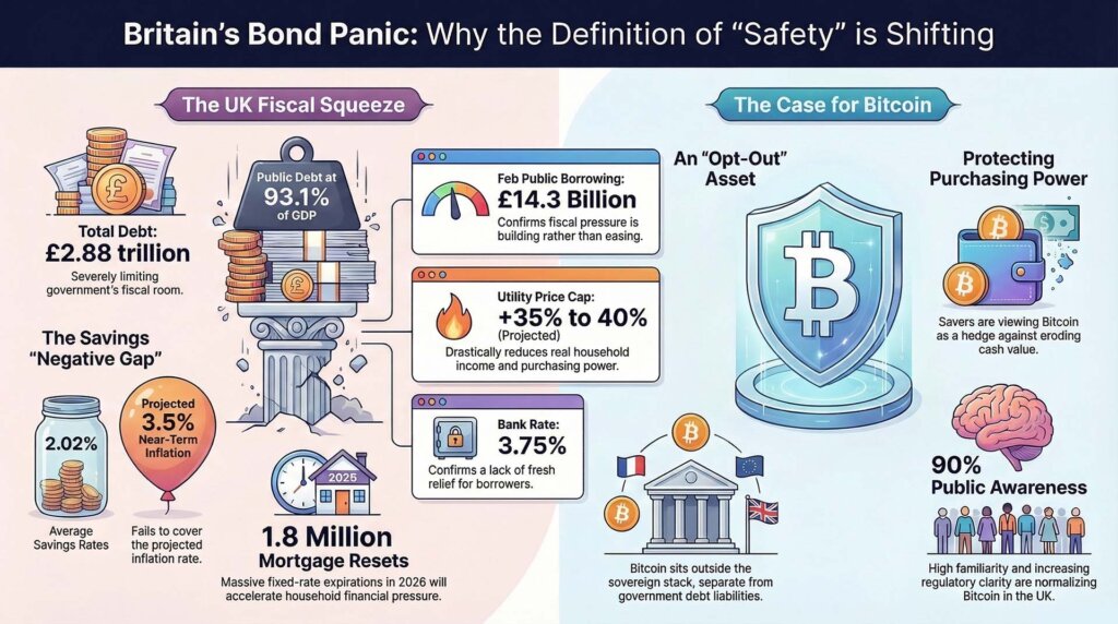 Infographic comparing Britain’s bond market stress, rising public debt, and inflation pressures with Bitcoin as a potential hedge and store of value.