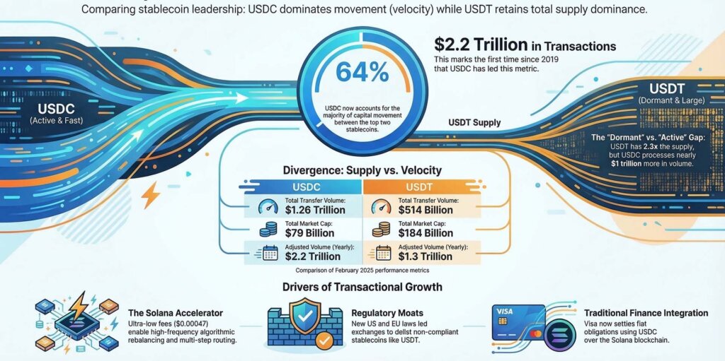 Infographic comparing stablecoin leadership, showing USDC leads transaction velocity and monthly volume while USDT retains higher total supply dominance.