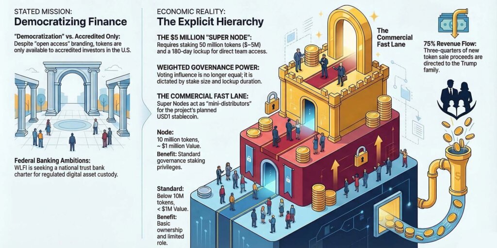 Infographic showing Trump-backed WLFI’s “democratized finance” pitch beside a tiered pay-to-play hierarchy with a $5 million access tier, token thresholds, and revenue flow to Trump-linked entities.