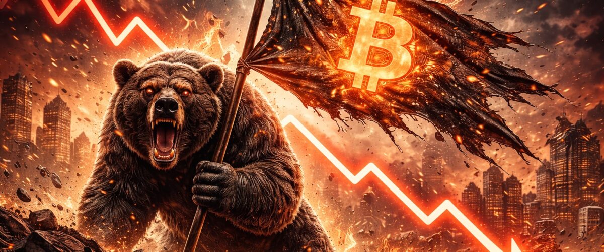 Bear with Bitcoin flag in flames 1200x500