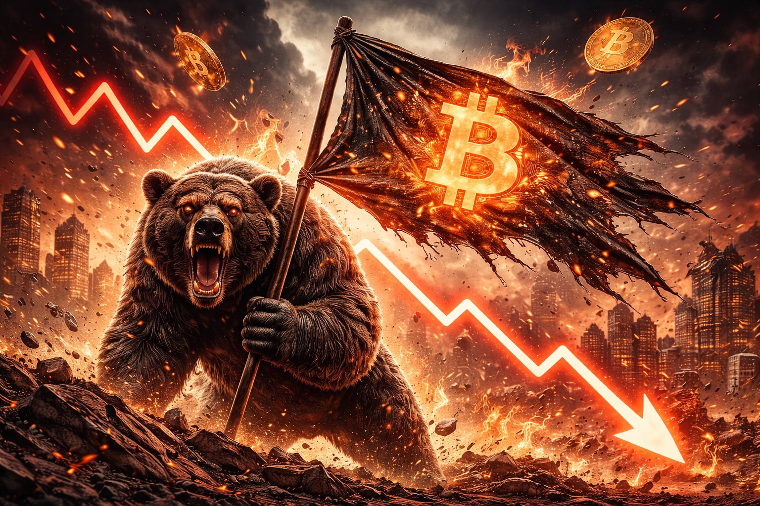 Bear with Bitcoin flag in flames