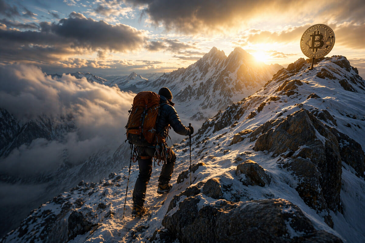 Bitcoin ascent mountain climber