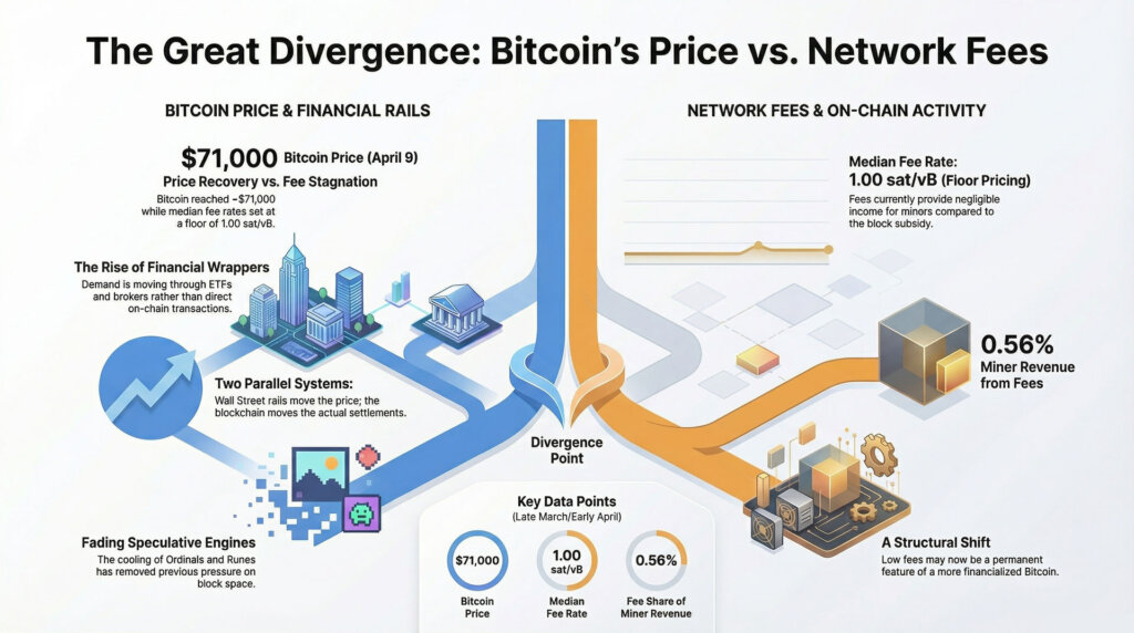 Infographic showing divergence between Bitcoin price and on-chain activity, with price near $71K while network fees, miner revenue, and transaction demand remain subdued, highlighting a structural shift toward financialized demand over blockspace usage.