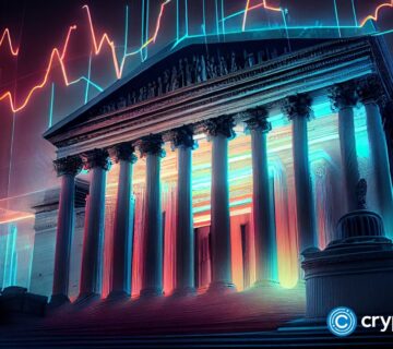 Crypto news The American Supreme Court Building blurry trading chart background bright neon color cyberpunk 1 360x320