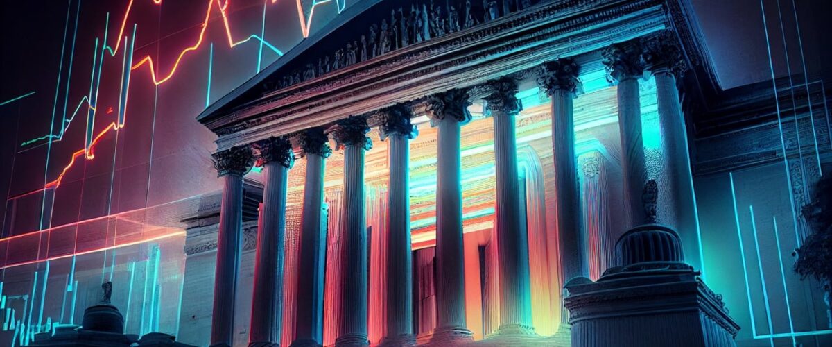 Crypto news The American Supreme Court Building blurry trading chart background bright neon color cyberpunk 1200x500