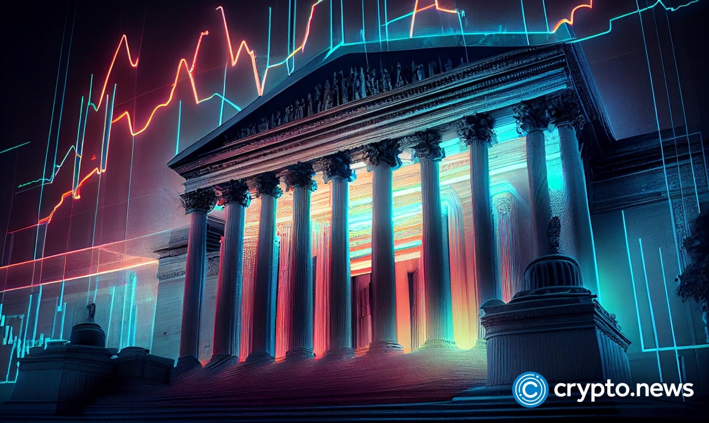 Crypto news The American Supreme Court Building blurry trading chart background bright neon color cyberpunk