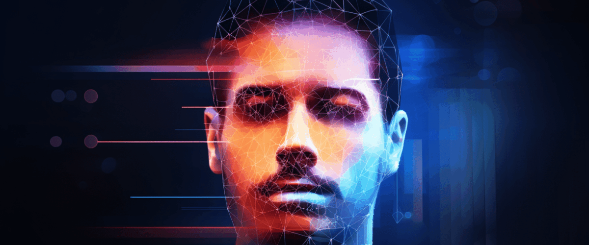 Crypto news face scaning control front side view using blockchain and artificial intelligence blurry background bright colors low poly styl v52 1200x500