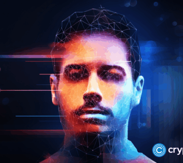 Crypto news face scaning control front side view using blockchain and artificial intelligence blurry background bright colors low poly styl v52 360x320