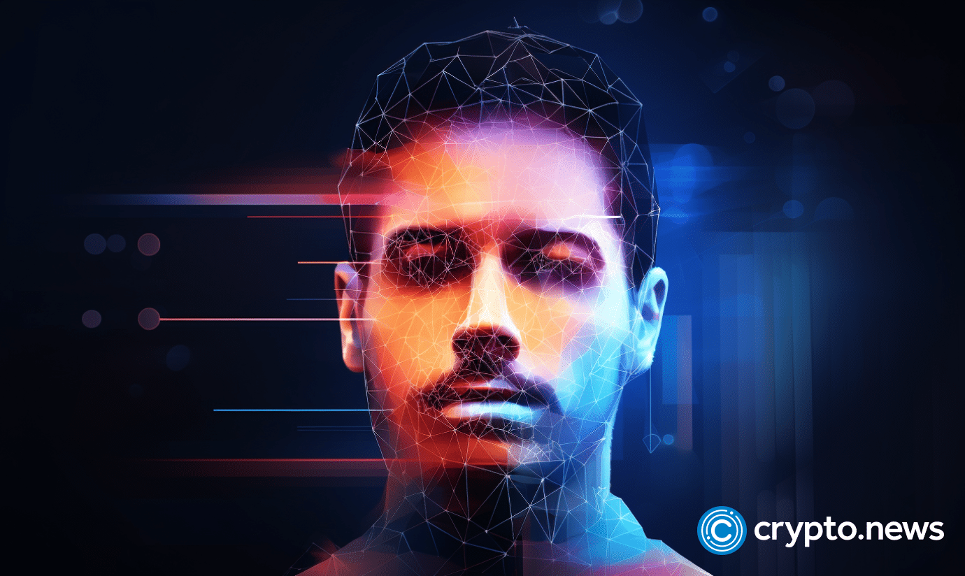 Crypto news face scaning control front side view using blockchain and artificial intelligence blurry background bright colors low poly styl v52
