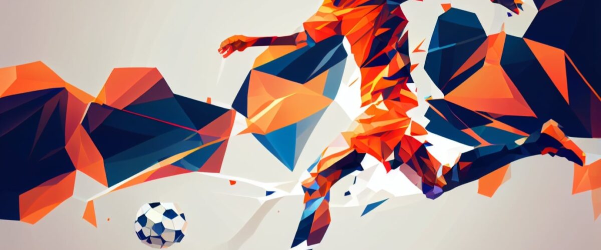 Crypto news football player kick a ball bright blurry background low poly style 1200x500