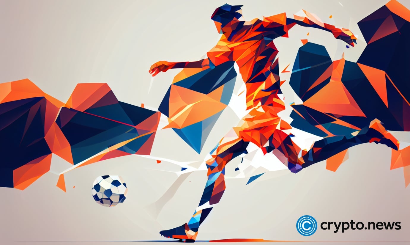 Crypto news football player kick a ball bright blurry background low poly style