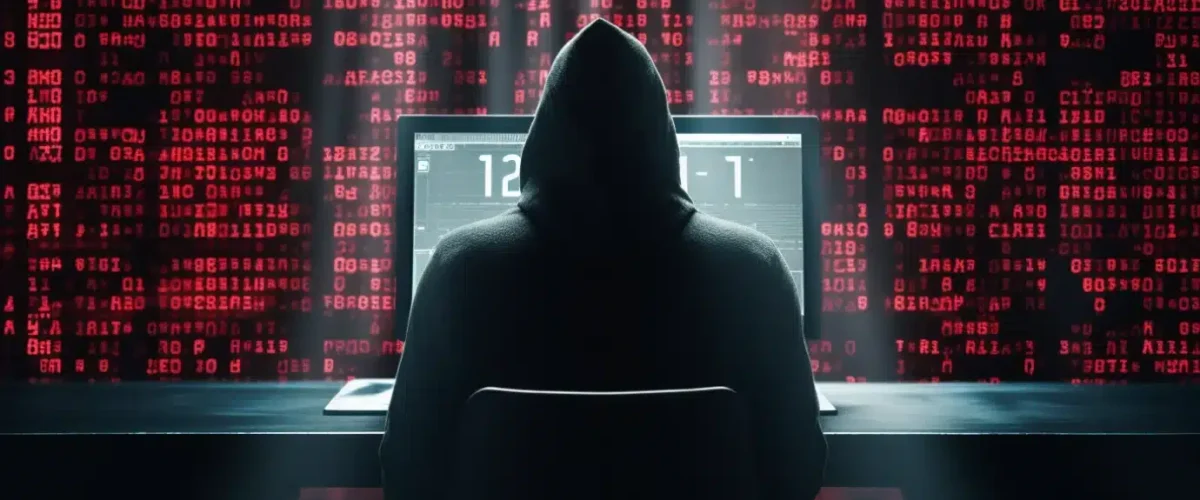 Crypto news hacker sits near laptop backside view matrix white numbers code Artificial intelligence background day light 1200x500